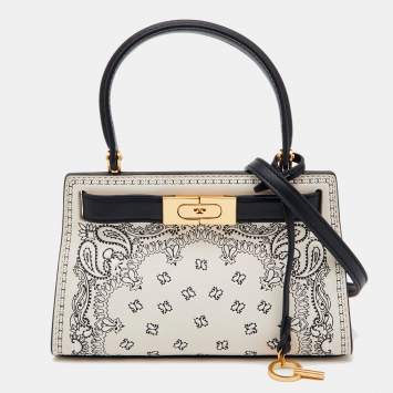 Pre Owned Tory Burch Off White/Black Leather Petite Lee Radziwill Top Handle Bag