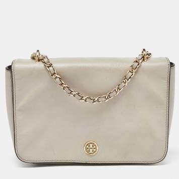 Pre Owned Tory Burch Beige Leather Flap Crossbody Bag