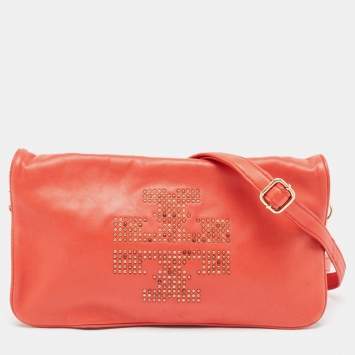 Pre Owned Tory Burch Red Studded Leather Crossbody Bag