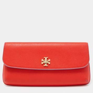 Pre Owned Tory Burch Red Leather Slim Diana Flap Clutch