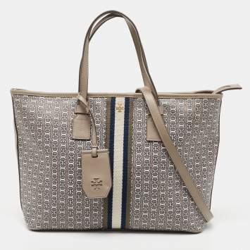 Pre Owned Tory Burch Grey Coated Canvas and Leather Gemini Link Zip Tote