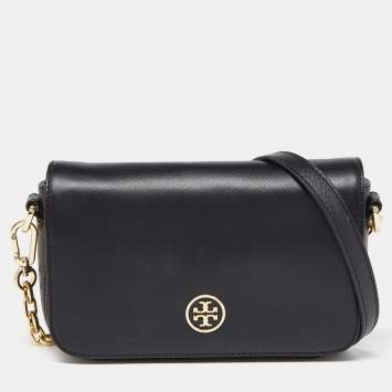 مملوكة مسبقًا Tory Burch Black Leather Robinson Flap Crossbody Bag