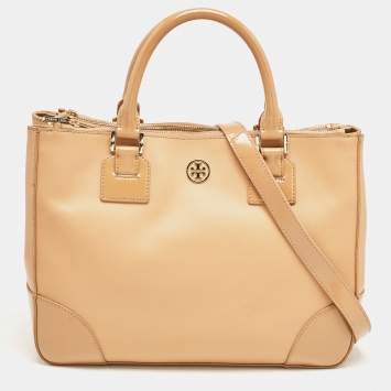Pre Owned Tory Burch Beige Saffiano Patent and Leather Robinson Double Zip Tote