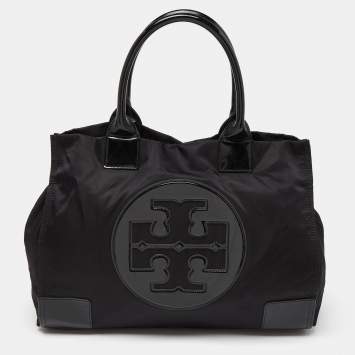 Pre Owned Tory Burch Black Patent Leather and Nylon Large Ella Tote