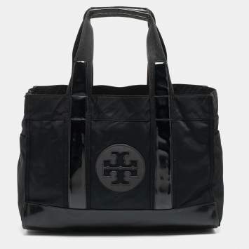 Pre Owned Tory Burch Black Patent Leather and Nylon Large Ella Tote