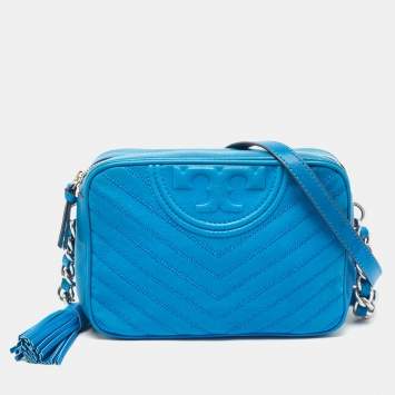 Pre Owned Tory Burch Blue Chevron Leather Fleming Camera Bag