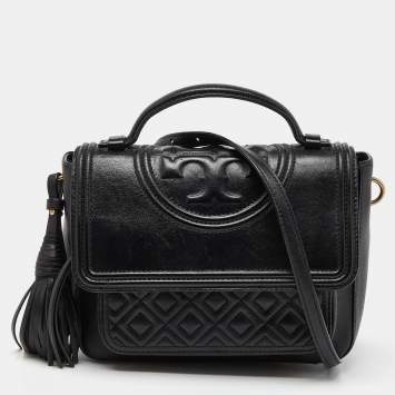 Pre Owned Tory Burch Black Quilted Leather Flap Top Handle Bag