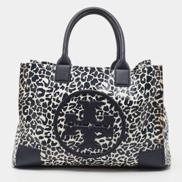 Pre Owned Tory Burch Navy Blue/White Nylon Ella Tote