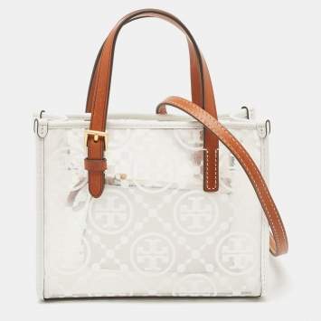 Pre Owned Tory Burch White/Tan Signature PVC and Leather Tote