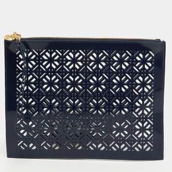 Pre Owned Tory Burch Blue Laser Cut Patent Leather Wristlet Pouch