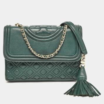 Pre Owned Tory Burch Green Leather Small Fleming Shoulder Bag