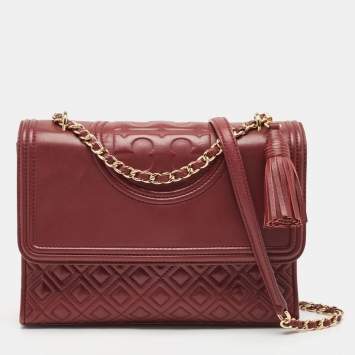 Pre Owned Tory Burch Burgundy Quilted Leather Large Fleming Shoulder Bag