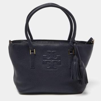 Pre Owned Tory Burch Blue Leather Top Zip Tassel Tote