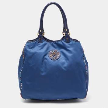 Pre Owned Tory Burch Multicolor/Blue Floral Printed Nylon and Leather Reversible Tote