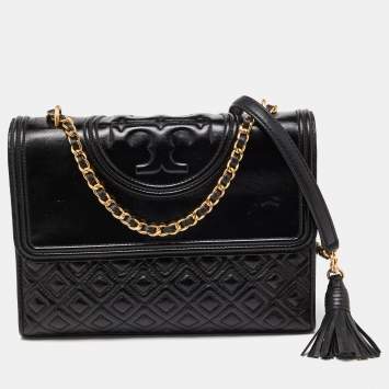 Pre Owned Tory Burch Black Quilted Leather Fleming Shoulder Bag