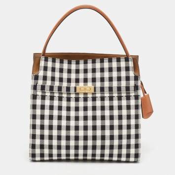 Pre Owned Tory Burch Black/White Checkered Canvas Lee Radziwill Top Handle Bag