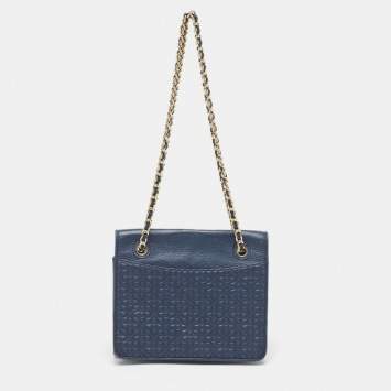Pre Owned Tory Burch Navy Blue Leather Medium Fleming Shoulder Bag