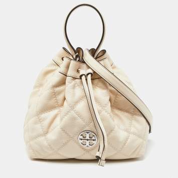 Pre Owned Tory Burch Cream Quilted Leather Willa Drawstring Bucket Bag 