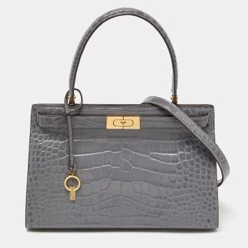 Pre Owned Tory Burch Grey Croc Embossed Leather Small Lee Radziwill Top Handle Bag