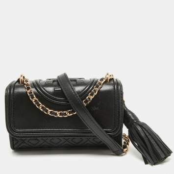 Pre Owned Tory Burch Black Quilted Leather Micro Fleming Crossbody Bag