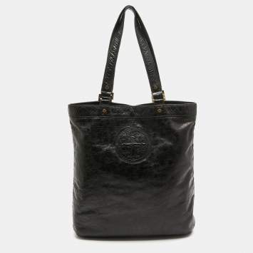 Pre Owned Tory Burch Black Crinkled Patent Leather Embossed Tote