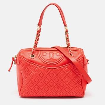 Pre Owned Tory Burch Red Quilted Leather Fleming Duffel Bag