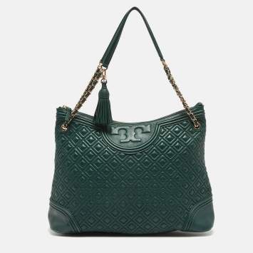 Pre Owned Tory Burch Green Leather Fleming Top Zip Shoulder Bag