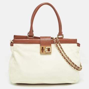 Pre Owned Tory Burch Cream/Brown Leather Tote