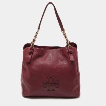 Pre Owned Tory Burch Burgundy Leather Chain Tote