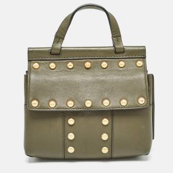 Pre Owned Tory Burch Olive Green Leather Mini Block-T Top Handle Bag