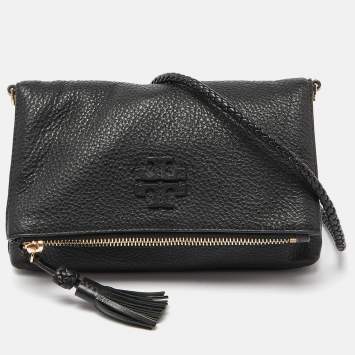 Pre Owned Tory Burch Black Leather Foldover Crossbody Bag