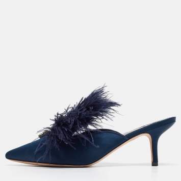Pre Owned Tory Burch Navy Blue Satin and Fur Elodie Mules Size 40