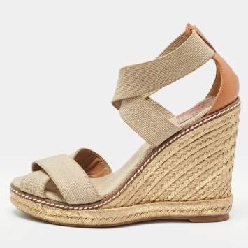 Pre Owned Tory Burch Brown/Beige Canvas and Leather Wedge Sandals Size 37.5