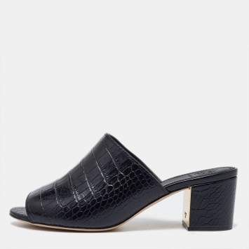 Pre Owned Tory Burch Black Croc Embossed Leather Mules Size 38