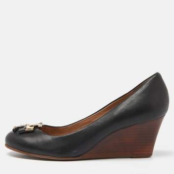 Pre Owned Tory Burch Black Leather Metal Logo Wedge Pumps Size 37.5