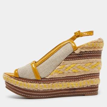 Pre Owned Tory Burch Yellow/Beige Canvas and Patent Leather Espadrille Wedge Platform Slingback Sandals Size 40