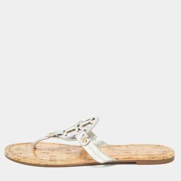 Pre Owned Tory Burch Silver Leather Miller Flat Sandals Size 39