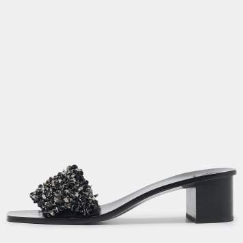 Pre Owned Tory Burch Black Satin Logan Embellished Slide Sandals Size 40.5