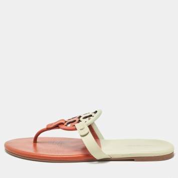 Pre Owned Tory Burch Orange/Grey Leather Miller Thong Flats Size 38.5 
