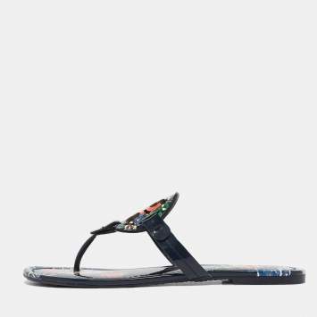 Pre Owned Tory Burch Navy Blue Floral Print Patent Leather Miller Thong Flats Size 38.5
