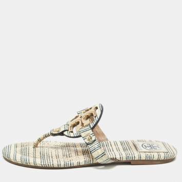 Pre Owned Tory Burch Off White/Blue Striped Embossed Snakeskin Miller Thong Flats Size 37.5