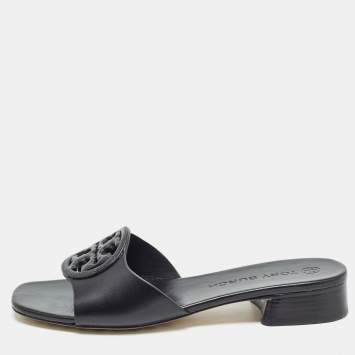 Pre Owned Tory Burch Black Leather Bombe Miller Slide Sandals Size 37.5