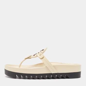 Pre Owned Tory Burch Cream Patent Leather Miller Cloud Thong Slide Sandals Size 37.5