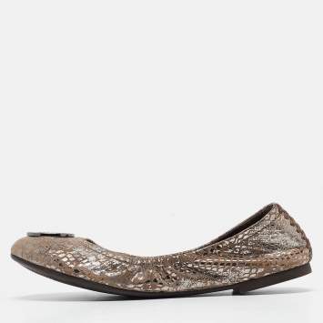 Pre Owned Tory Burch Metallic Brown Textured Suede Heidi Scrunch Ballet Flats Size 36
