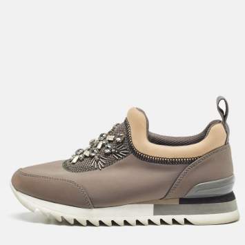 مملوكة مسبقًا Tory Burch Grey/Beige Neoprene And Mesh Crystal Embellished Slip On Sneakers Size 36.5