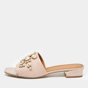 Pre Owned Tory Burch Pink Embossed Croc Crystal Embellished Slide Sandals Size 39.5