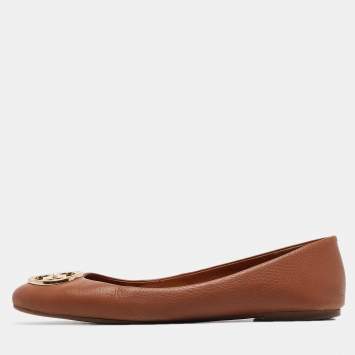 Pre Owned Tory Burch Brown Leather Chelsea Ballet Flats Size 39.5
