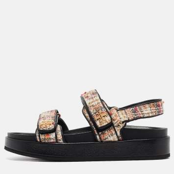 Pre Owned Tory Burch Multicolor Tweed and Leather Kira Sport Sandals Size 39.5