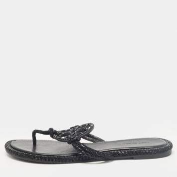 Pre Owned Tory Burch Black Leather Crystals Knotted Miller Thong Flats Size 38.5