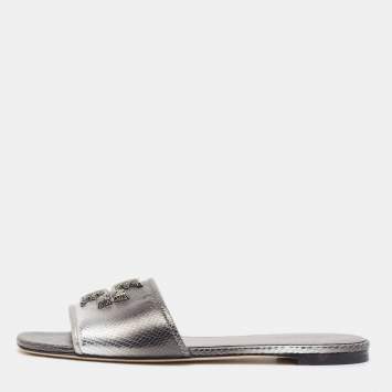 Pre Owned Tory Burch Ombre Grey Snakeskin Embossed Leather Eleanor Crystals Slide Flats Size  39